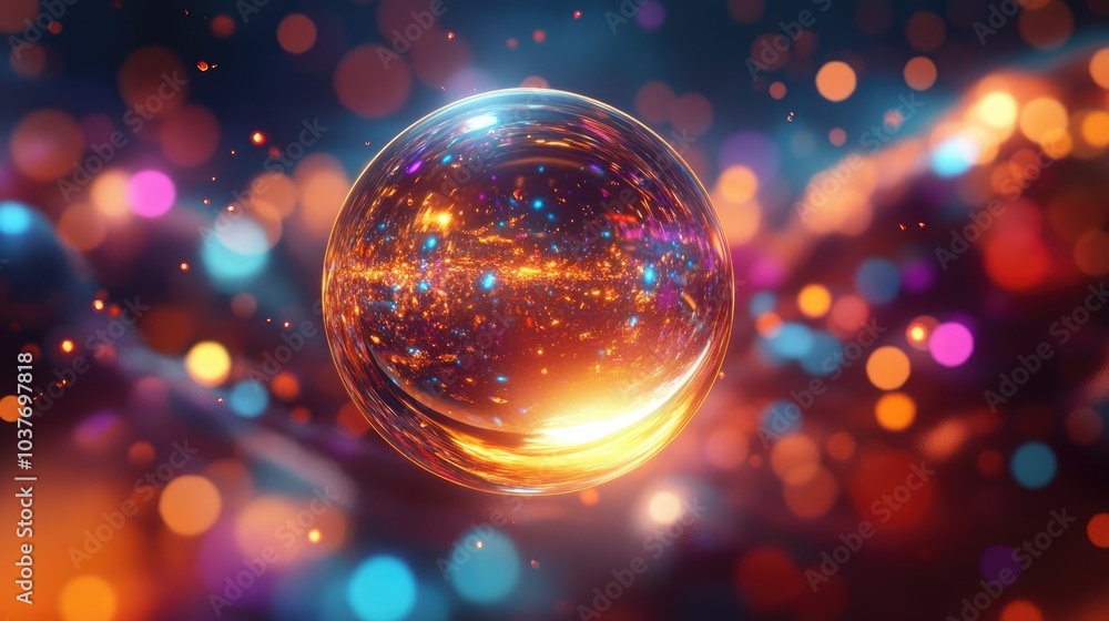 Poster abstract background featuring a glowing and shiny sphere in a 3d cartoon rendering