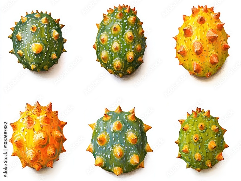Poster collection of kiwano also known as african horned cucumber displayed on a white background the file 