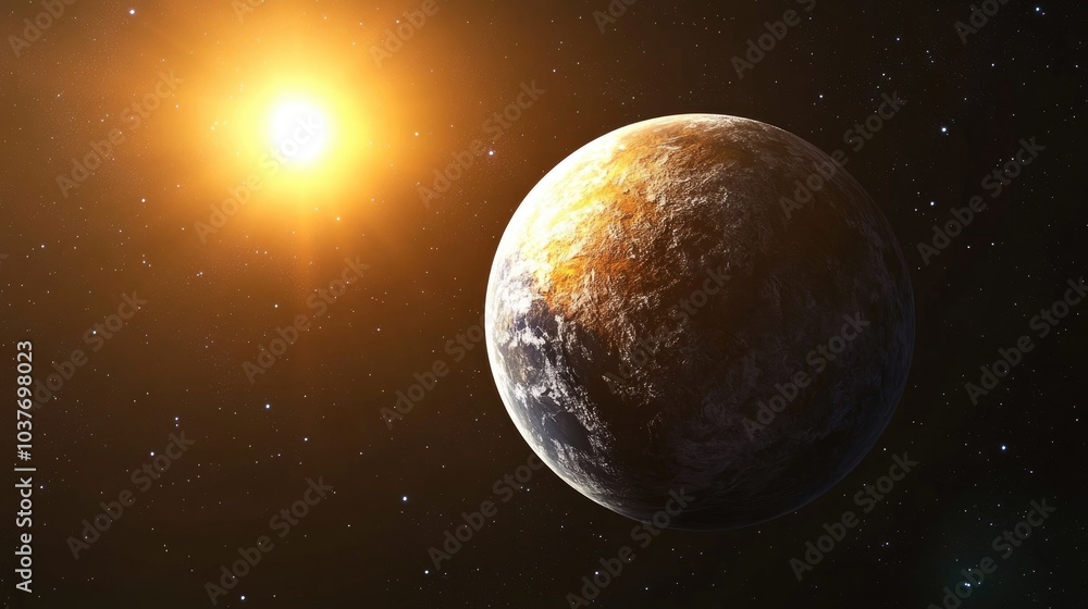 Poster a small planet partially illuminated by sunlight from one side set against a dark background 3d rend