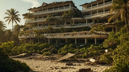 Large coastal hotel severely damaged with debris scattered on the beach, surrounded by palm trees and tropical vegetation	