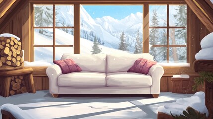 Fototapeta premium A cozy white sofa with cushions sits by expansive windows that reveal a peaceful snowy scene creating an inviting atmosphere in a rustic cabin