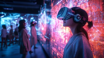 Obraz premium Immersive experience with AI-powered virtual reality headset in a digital environment, showcasing futuristic technology and holographic interactions.