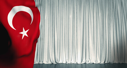 Türkiye Flag, Turkish Flag and White Theater Curtain Image.