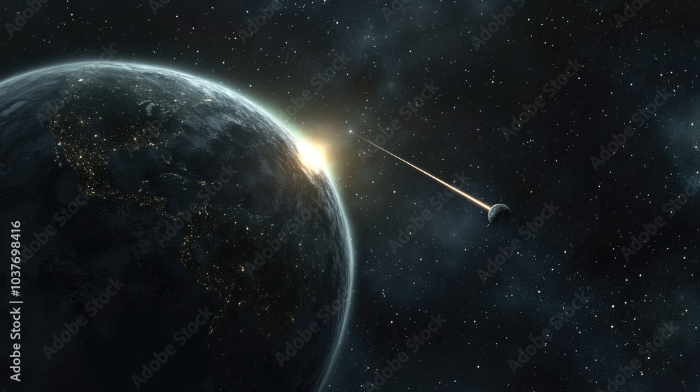 Poster astronomical scientific background featuring a bright comet approaching earth in a 3d cartoon render