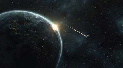Obraz premium Astronomical scientific background featuring a bright comet approaching Earth in a 3D cartoon rendering in space
