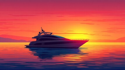 Obraz premium Luxury Yacht At Sunset A Serene And Inviting View Of A Modern Luxury Yacht Sailing On Open Waters With A Stunning Sunset Illuminating The Sky In Vivid Hues