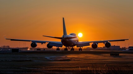 Obraz premium airplane runway sunset afternoon sunny day