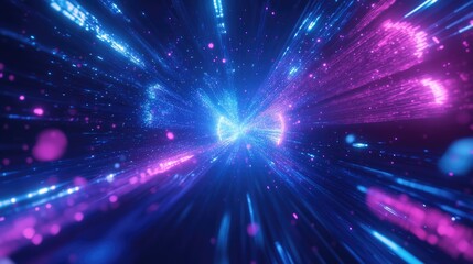 Fototapeta premium Panoramic view of high speed technology featuring an abstract background with light effects Depicts motion in vibrant blue and purple neon hues symbolizing innovation and advancement