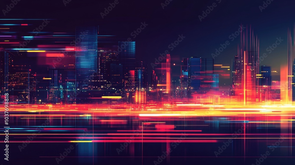 Poster panoramic abstract night scene of futuristic high speed data light trails with blurred skyscraper ba