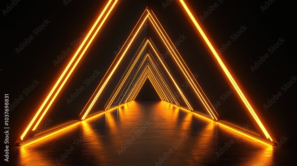 Poster neon triangular animation featuring a tunnel made of triangles with a black background illuminated b