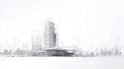 Line art depiction of a modern skyscraper building complex within an urban skyline Artistic representation of architectural design in a cityscape