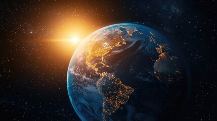 Fototapeta premium A stunning 3D cartoon rendering showcases a detailed perspective of Planet Earth from space highlighting one half illuminated by sunlight while the other glows with city lights