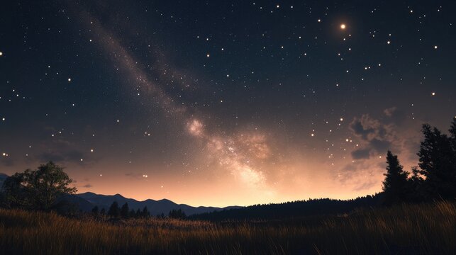 Beautiful night sky featuring 3D cartoon rendering of the Milky Way LMC galaxy and SMC galaxy