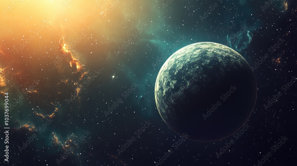 Poster abstract scientific background featuring planets in space nebula and stars in a 3d cartoon rendering