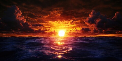 Sunrise over tranquil sea waters with vibrant colors illuminating the horizon, Tranquil sea waters at sunrise with vibrant horizon colors