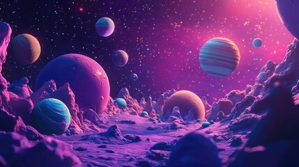 3D cartoon depiction featuring a 2D illustration with a cosmic backdrop Expansive space filled with stars planets and moons A variety of imaginative science fiction scenes Space themed artwork Ali