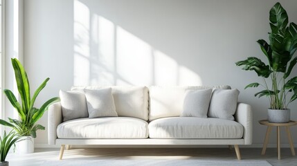 Naklejka premium Bright living room featuring a sofa in a Scandinavian style 3D visualization of modern interior design