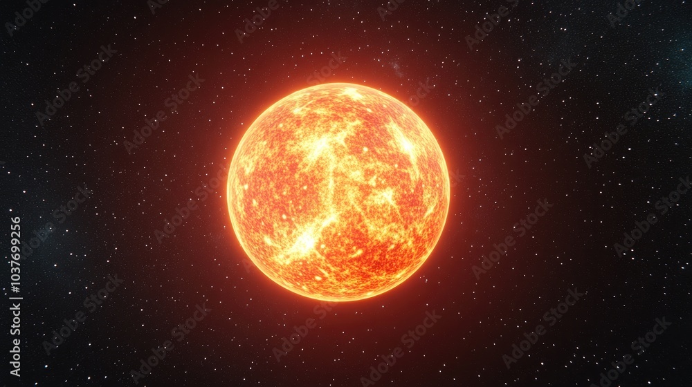 Poster sun depicted in outer space with intense solar activity in a 3d cartoon rendering