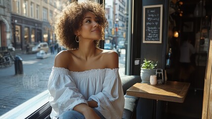 Young woman with curly hair sitting by a window in a cafe, wearing a white off-shoulder top and hoop earrings