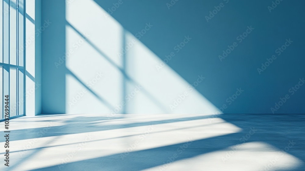 Poster 3d rendering of a light blue empty wall and smooth floor featuring intriguing light glare suitable f