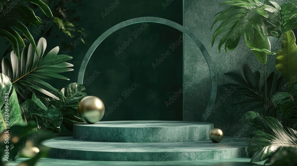 Poster 3d rendering of an empty podium mockup featuring geometric shapes and a green nature theme for produ