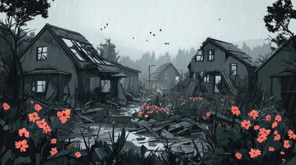 Abandoned village amidst ruins and wildflowers during torrential rain with dark sky and birds, concept of hurricane