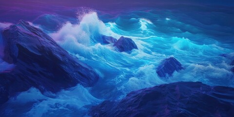 Waves crash against large rocks along the shoreline Aerial perspective of stones and water on the coast, Waves crashing against rocks in coastal aerial view