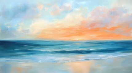 Abstract oil painting of sunset over sea.