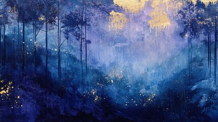 Fototapeta premium Golden flecks on a blue and purple forest.