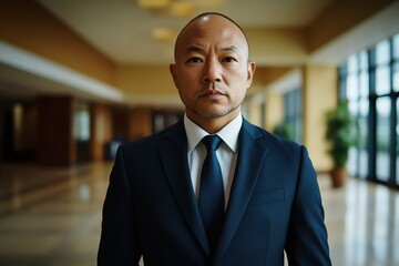 Fototapeta premium Portrait of a serious Asian businessman in a formal blue suit standing confidently in an office environment
