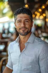 Obraz premium Portrait of a mature man with a well-groomed beard, smiling in an outdoor cafe setting