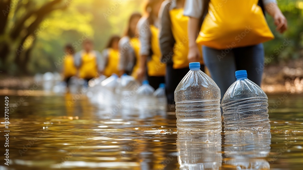 Poster volunteers using biodegradable packaging to distribute food and water to flood victims in a submerge