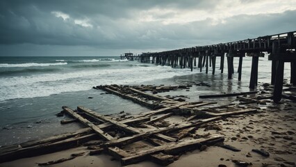 Fototapeta premium A damaged pier extends into the ocean with debris and broken wooden structures scattered on the beach, stormy skies overhead 