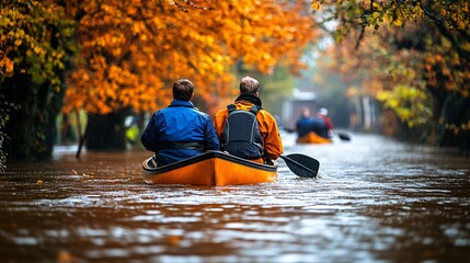 Flooded streets with residents paddling down the road in electric-powered boats as a sustainable response to the flood Stock Photo with side copy space