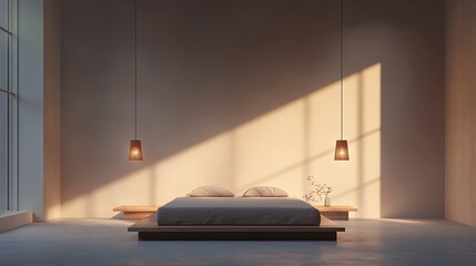 Minimalist bedroom with a low platform bed neutral tones and soft ambient lighting from pendant lamps shot from the foot of the bed mid-angle wide lens 