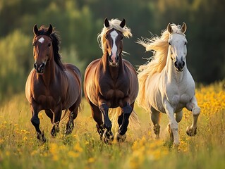 Three Horses Galloping Through a Field at Sunset
