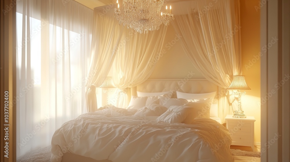 Wall mural Elegant bedroom with a canopy bed silk curtains and a crystal chandelier soft golden light from bedside lamps shot from the doorway wide lens  