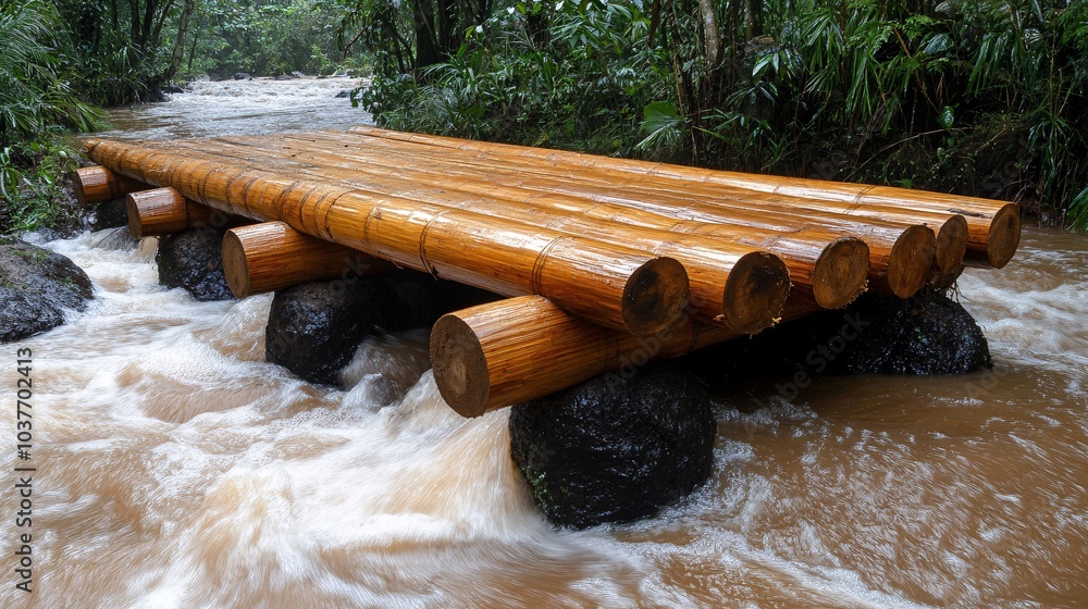 Poster A community-led effort to build flood defenses using renewable resources like bamboo and earth Stock Photo with side copy space