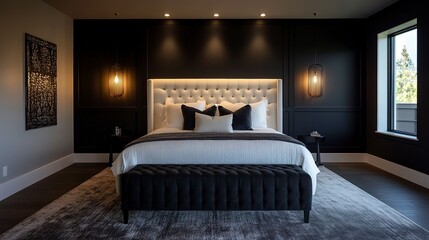 Contemporary bedroom with a tufted bed dark accent wall and sleek floor lamps soft mood lighting shot from the foot of the bed high angle wide lens 
