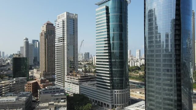 Urban aerial video of the skyscrapers of the Diamond Exchange in Ramat Gan Israel