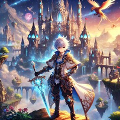young warrior standing on a cliff, overlooking a magical kingdom