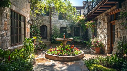 Fototapeta premium Private courtyard with stone walls a central fountain and vibrant flowers dappled sunlight through the trees shot from a low angle wide lens 