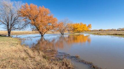 Obraz premium Flooded nature reserve with animals returning and natural vegetation regrowing after floodwaters recede Stock Photo with side copy space