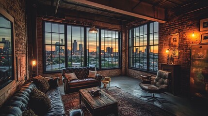 Industrial-style living room with exposed brick walls metal furniture and large windows overlooking a city skyline sunset glow shot from a low angle wide lens 