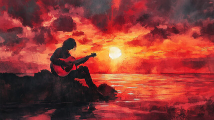 Pink watercolor painting of a musician man playing guitar at beach