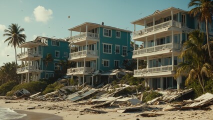 Fototapeta premium Damaged beachfront building with debris scattered along the shore after a storm, surrounded by palm trees 