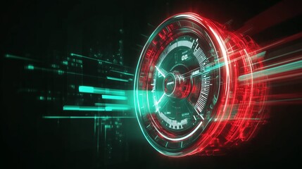 Futuristic speedometer with neon lights and data streams, symbolizing advanced technology, acceleration, and real-time measurement in a digital interface.