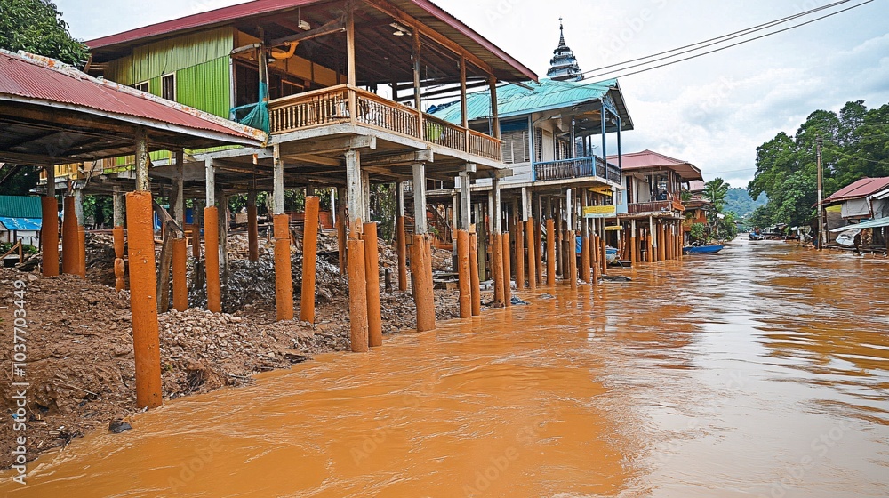 Aufkleber houses being rebuilt with eco-friendly materials that are flood-resistant stock photo with side copy