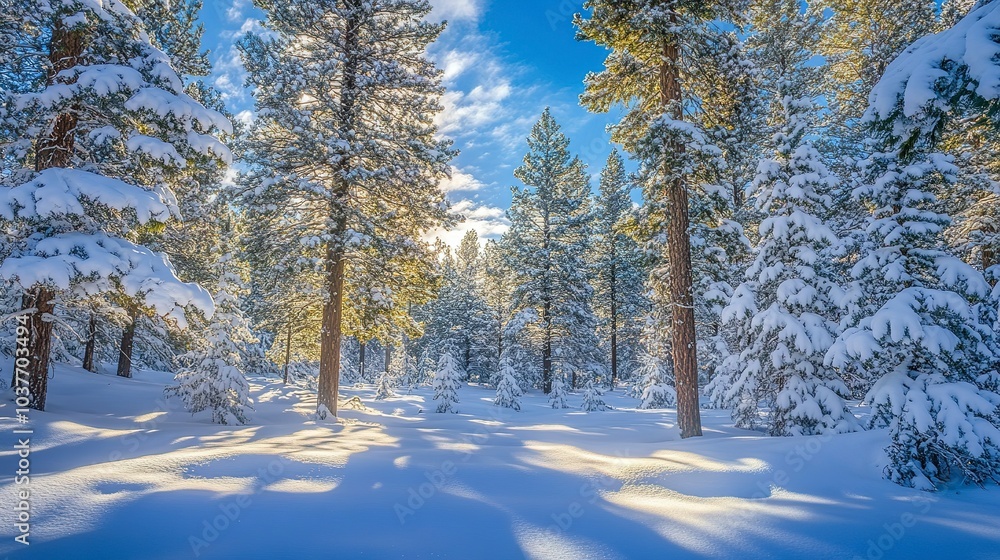 Poster serene snow-covered forest with tall pine trees dusted in white soft sunlight filtering through the 