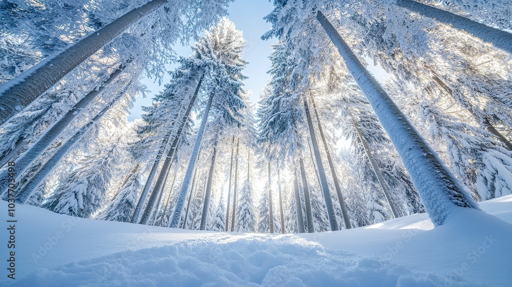 Poster serene snow-covered forest with tall pine trees dusted in white soft sunlight filtering through the 